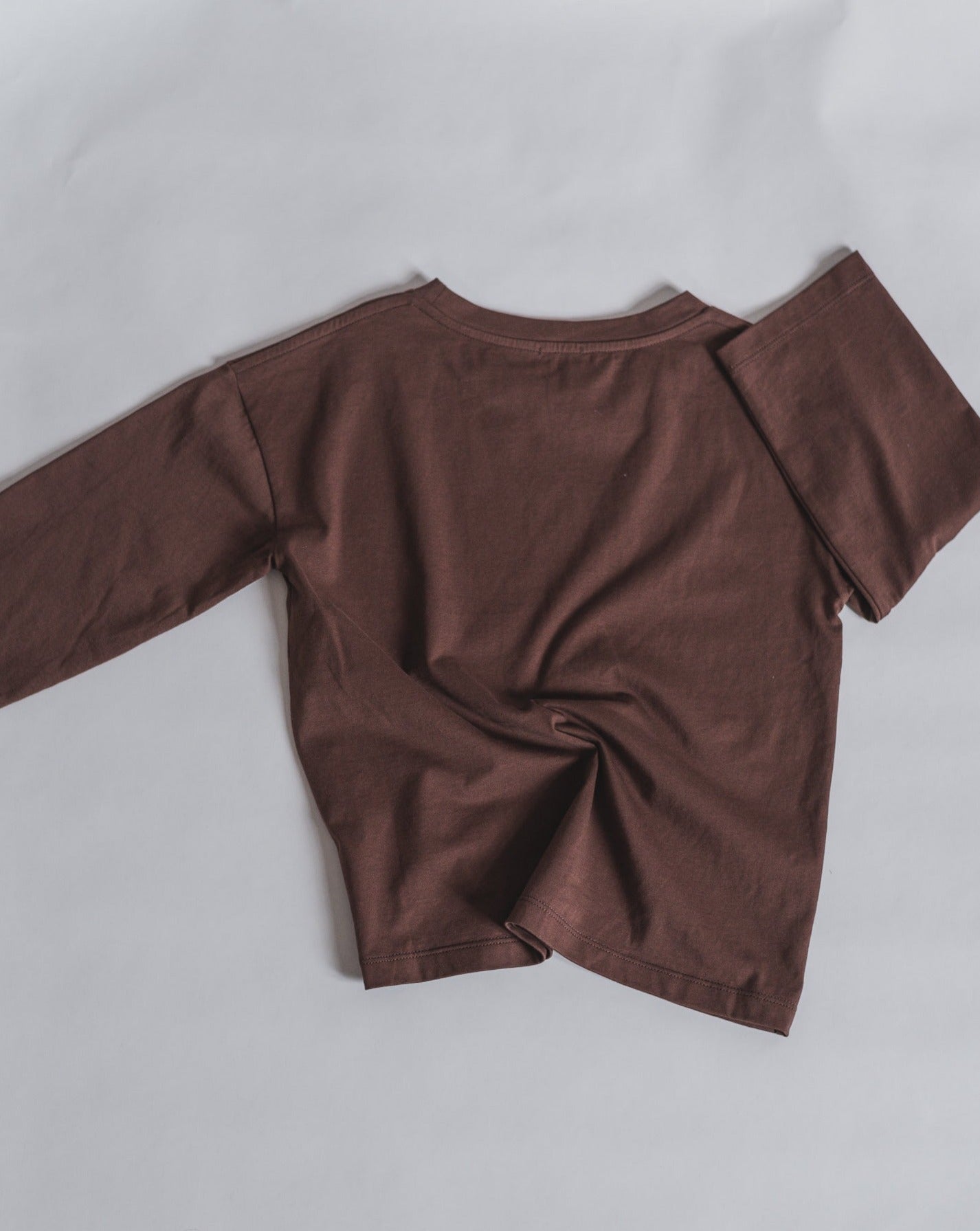 Brown oversized organic cotton long sleeve, with round neck, contrast colored Koi fish print at chest. A boxy fit for a loose and relaxed look.